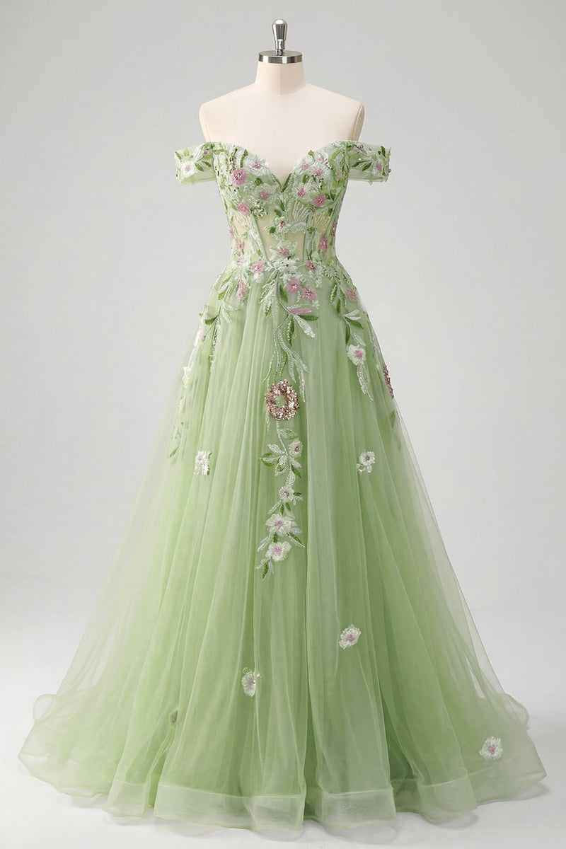 Laden Sie das Bild in den Galerie-Viewer, Off-the-shoulder Blumenkorsett Grün A-Linie Abschlussballkleid