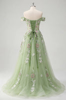 Laden Sie das Bild in den Galerie-Viewer, Off-the-shoulder Blumenkorsett Grün A-Linie Abschlussballkleid