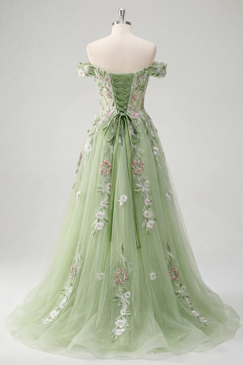 Laden Sie das Bild in den Galerie-Viewer, Off-the-shoulder Blumenkorsett Grün A-Linie Abschlussballkleid