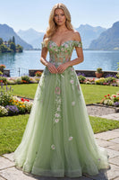 Laden Sie das Bild in den Galerie-Viewer, Off-the-shoulder Blumenkorsett Grün A-Linie Abschlussballkleid