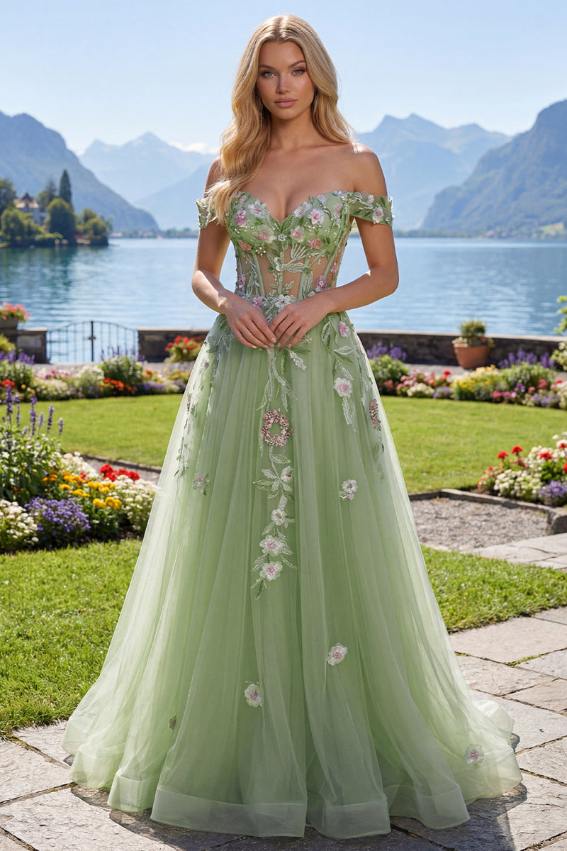 Laden Sie das Bild in den Galerie-Viewer, Off-the-shoulder Blumenkorsett Grün A-Linie Abschlussballkleid
