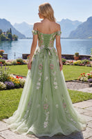 Laden Sie das Bild in den Galerie-Viewer, Off-the-shoulder Blumenkorsett Grün A-Linie Abschlussballkleid