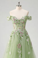 Laden Sie das Bild in den Galerie-Viewer, Off-the-shoulder Blumenkorsett Grün A-Linie Abschlussballkleid