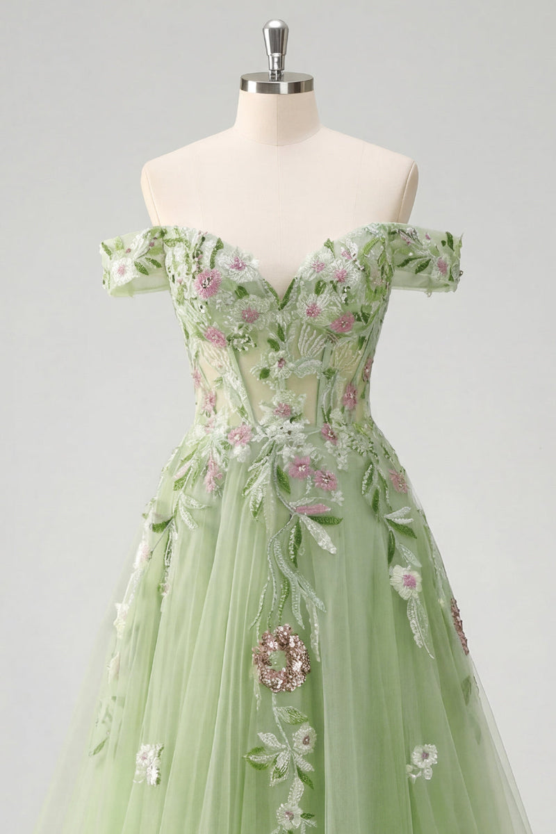 Laden Sie das Bild in den Galerie-Viewer, Off-the-shoulder Blumenkorsett Grün A-Linie Abschlussballkleid