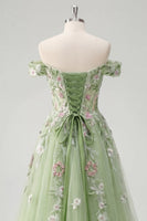 Laden Sie das Bild in den Galerie-Viewer, Off-the-shoulder Blumenkorsett Grün A-Linie Abschlussballkleid