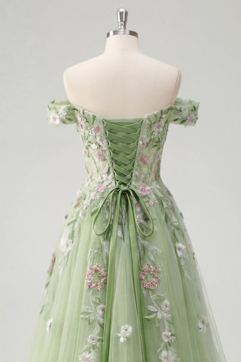 Laden Sie das Bild in den Galerie-Viewer, Off-the-shoulder Blumenkorsett Grün A-Linie Abschlussballkleid