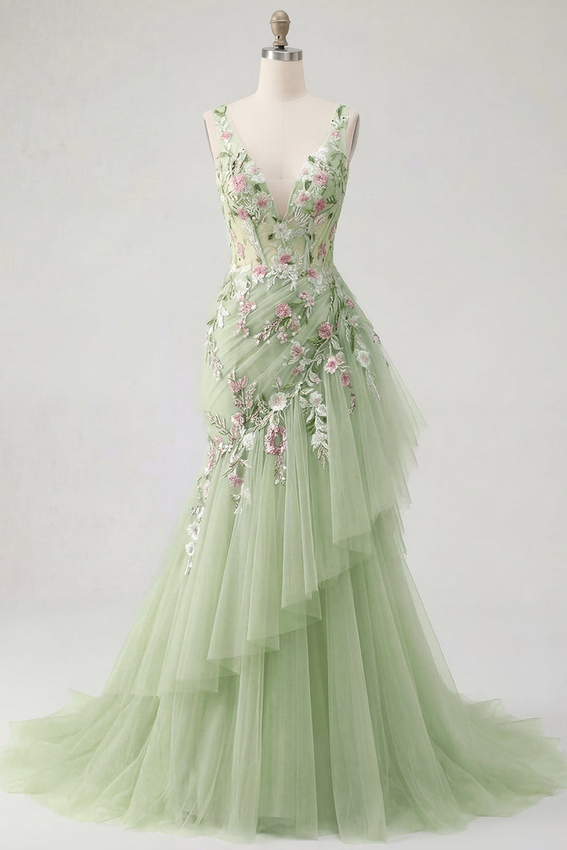 Laden Sie das Bild in den Galerie-Viewer, Grünes florales V-Ausschnitt-Meerjungfrauen-Prom-Kleid mit Rüschen