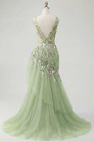 Laden Sie das Bild in den Galerie-Viewer, Grünes florales V-Ausschnitt-Meerjungfrauen-Prom-Kleid mit Rüschen