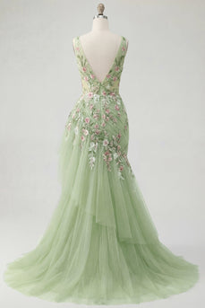 Grünes florales V-Ausschnitt-Meerjungfrauen-Prom-Kleid mit Rüschen