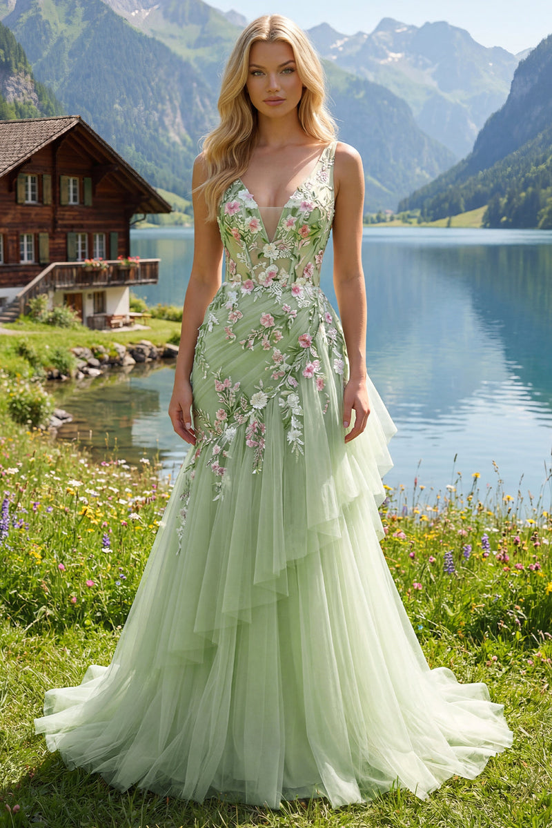 Laden Sie das Bild in den Galerie-Viewer, Grünes florales V-Ausschnitt-Meerjungfrauen-Prom-Kleid mit Rüschen