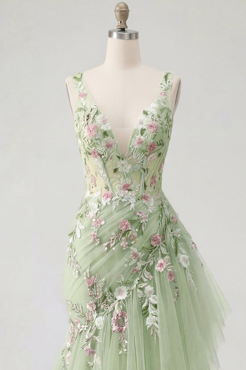 Laden Sie das Bild in den Galerie-Viewer, Grünes florales V-Ausschnitt-Meerjungfrauen-Prom-Kleid mit Rüschen