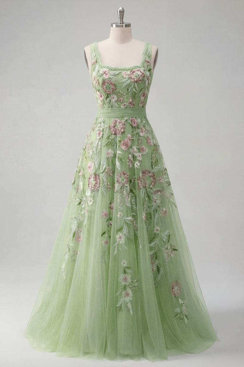 Laden Sie das Bild in den Galerie-Viewer, Quadratisches grünes Blumenkleid mit A-Linie Appliquiertes Abschlussballkleid