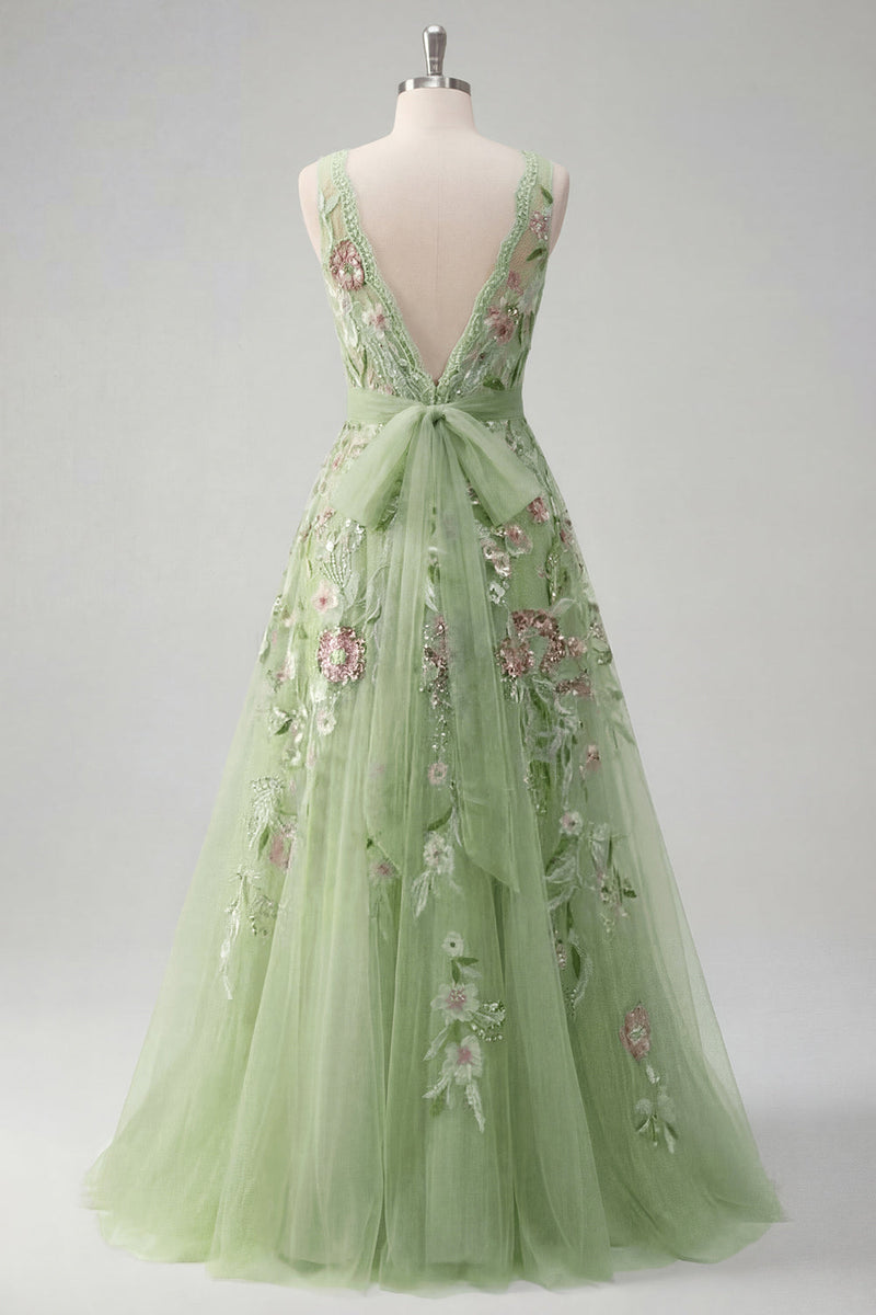 Laden Sie das Bild in den Galerie-Viewer, Quadratisches grünes Blumenkleid mit A-Linie Appliquiertes Abschlussballkleid