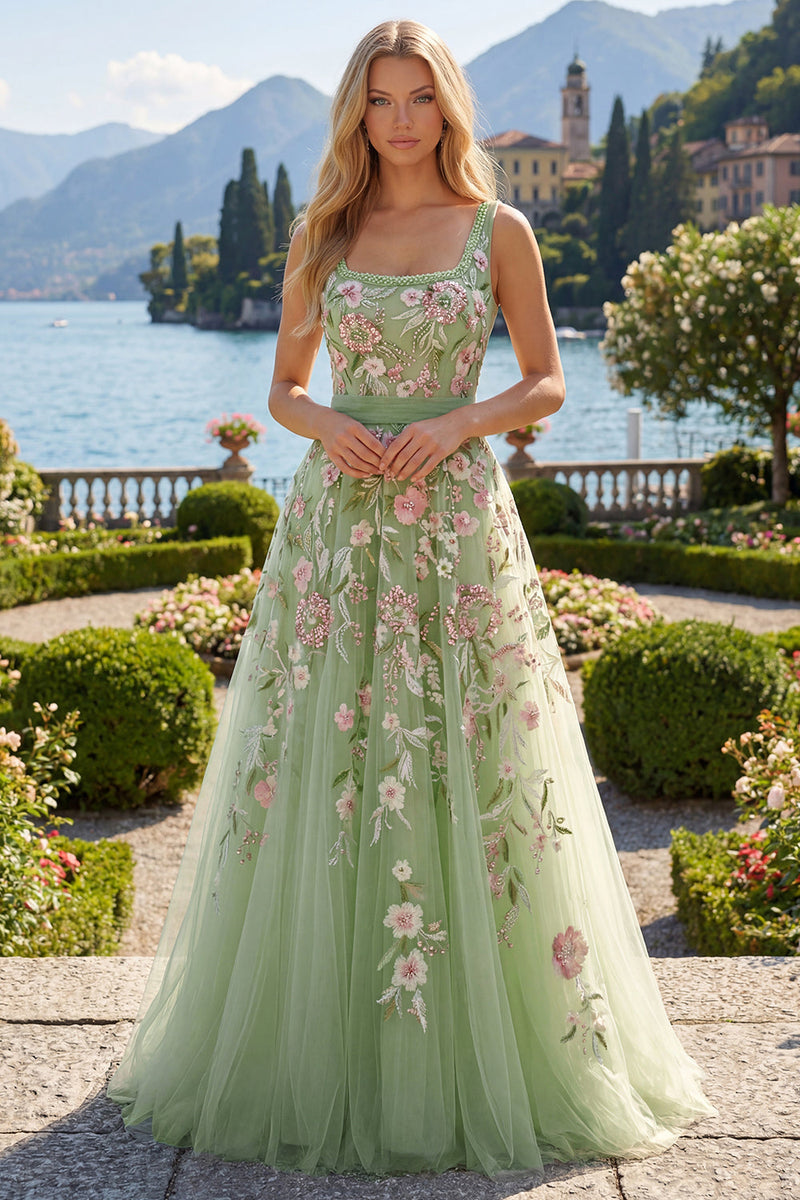 Laden Sie das Bild in den Galerie-Viewer, Quadratisches grünes Blumenkleid mit A-Linie Appliquiertes Abschlussballkleid