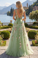 Laden Sie das Bild in den Galerie-Viewer, Quadratisches grünes Blumenkleid mit A-Linie Appliquiertes Abschlussballkleid