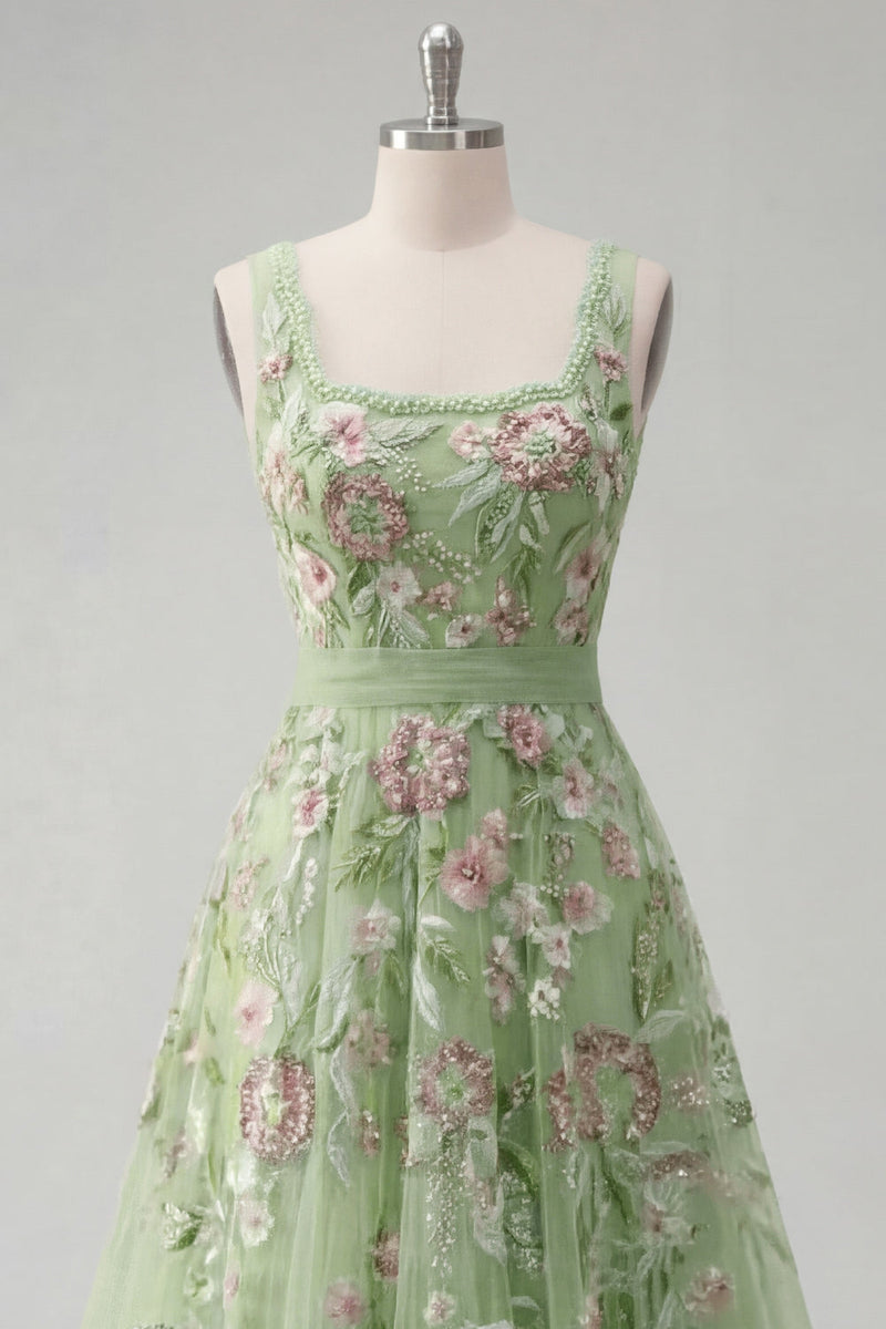 Laden Sie das Bild in den Galerie-Viewer, Quadratisches grünes Blumenkleid mit A-Linie Appliquiertes Abschlussballkleid