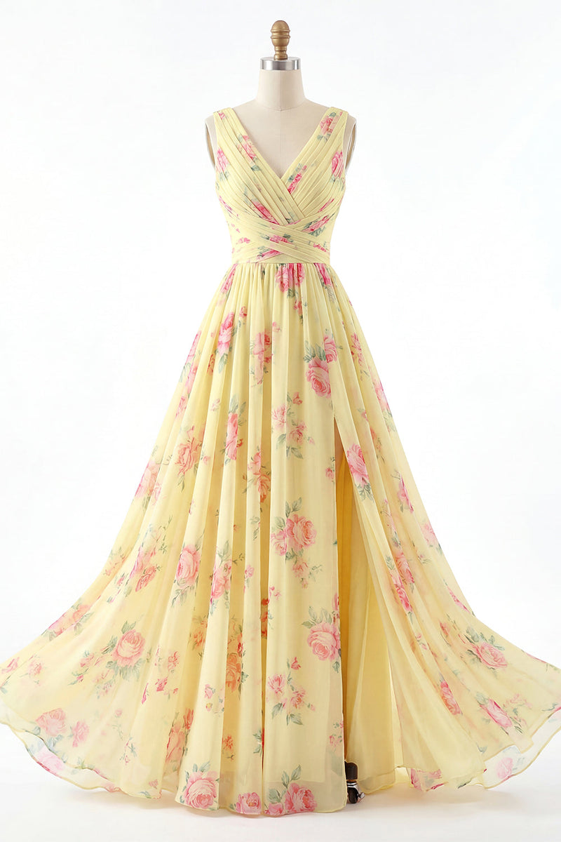 Laden Sie das Bild in den Galerie-Viewer, Gelbes V-Ausschnitt mit gerafftem A-Linie floraler Abschlussballkleid mit Schlitz