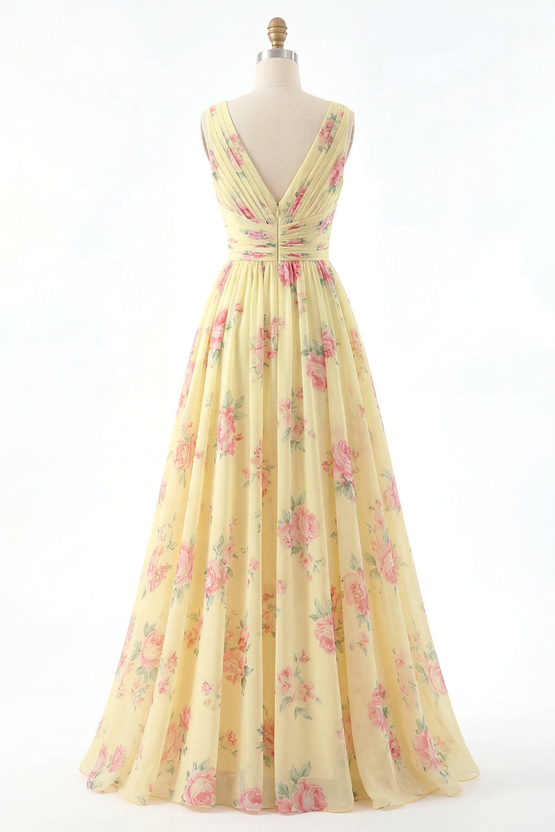 Laden Sie das Bild in den Galerie-Viewer, Gelbes V-Ausschnitt mit gerafftem A-Linie floraler Abschlussballkleid mit Schlitz
