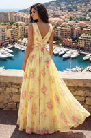 Laden Sie das Bild in den Galerie-Viewer, Gelbes V-Ausschnitt mit gerafftem A-Linie floraler Abschlussballkleid mit Schlitz