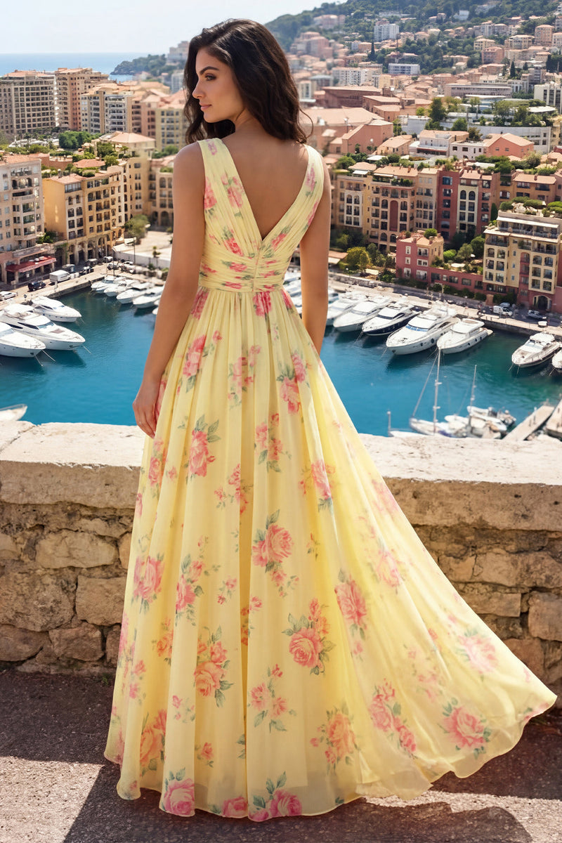 Laden Sie das Bild in den Galerie-Viewer, Gelbes V-Ausschnitt mit gerafftem A-Linie floraler Abschlussballkleid mit Schlitz