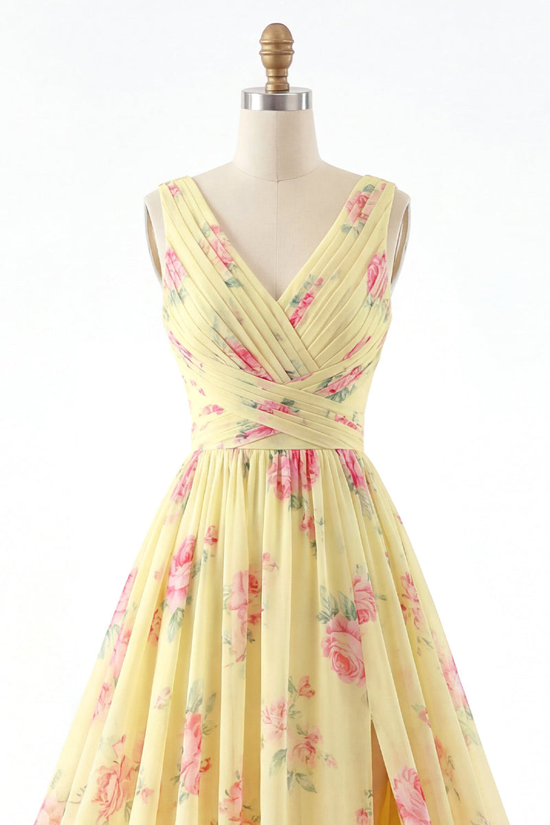 Laden Sie das Bild in den Galerie-Viewer, Gelbes V-Ausschnitt mit gerafftem A-Linie floraler Abschlussballkleid mit Schlitz