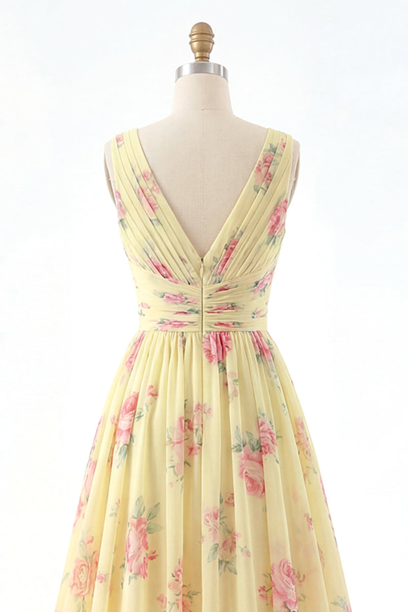 Laden Sie das Bild in den Galerie-Viewer, Gelbes V-Ausschnitt mit gerafftem A-Linie floraler Abschlussballkleid mit Schlitz