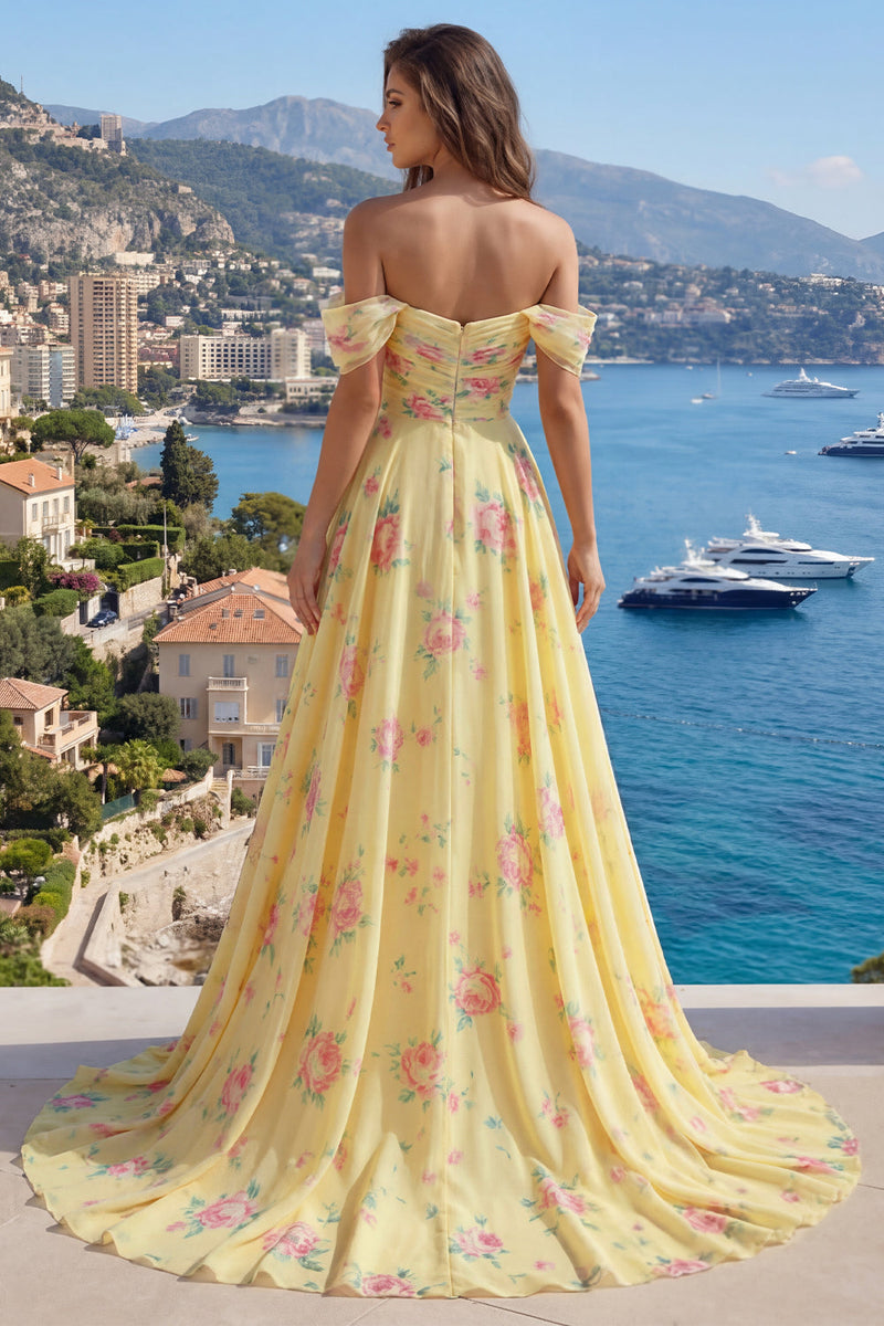 Laden Sie das Bild in den Galerie-Viewer, Glitzerndes Gelbes Schulterloses Rüschen Langes Abschlussballkleid mit Perlen