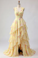 Laden Sie das Bild in den Galerie-Viewer, Gelbes V-Ausschnitt A-Linie, florales Langballkleid mit Rüschen