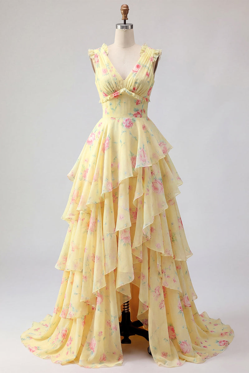 Laden Sie das Bild in den Galerie-Viewer, Gelbes V-Ausschnitt A-Linie, florales Langballkleid mit Rüschen