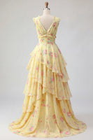 Laden Sie das Bild in den Galerie-Viewer, Gelbes V-Ausschnitt A-Linie, florales Langballkleid mit Rüschen