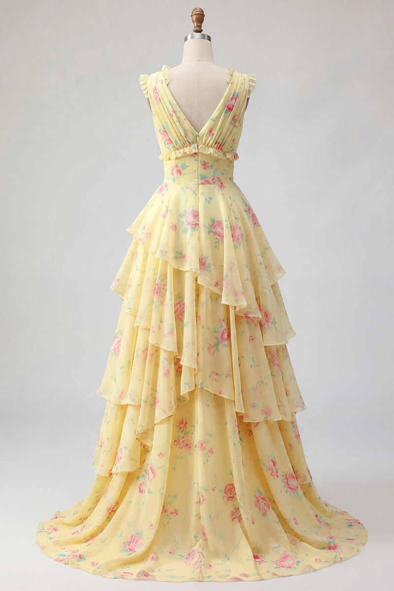 Laden Sie das Bild in den Galerie-Viewer, Gelbes V-Ausschnitt A-Linie, florales Langballkleid mit Rüschen