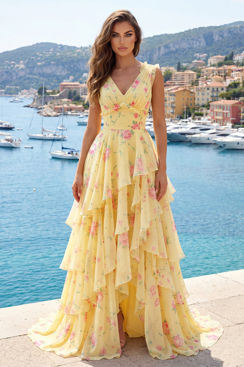 Laden Sie das Bild in den Galerie-Viewer, Gelbes V-Ausschnitt A-Linie, florales Langballkleid mit Rüschen