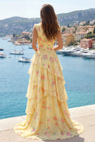Laden Sie das Bild in den Galerie-Viewer, Gelbes V-Ausschnitt A-Linie, florales Langballkleid mit Rüschen