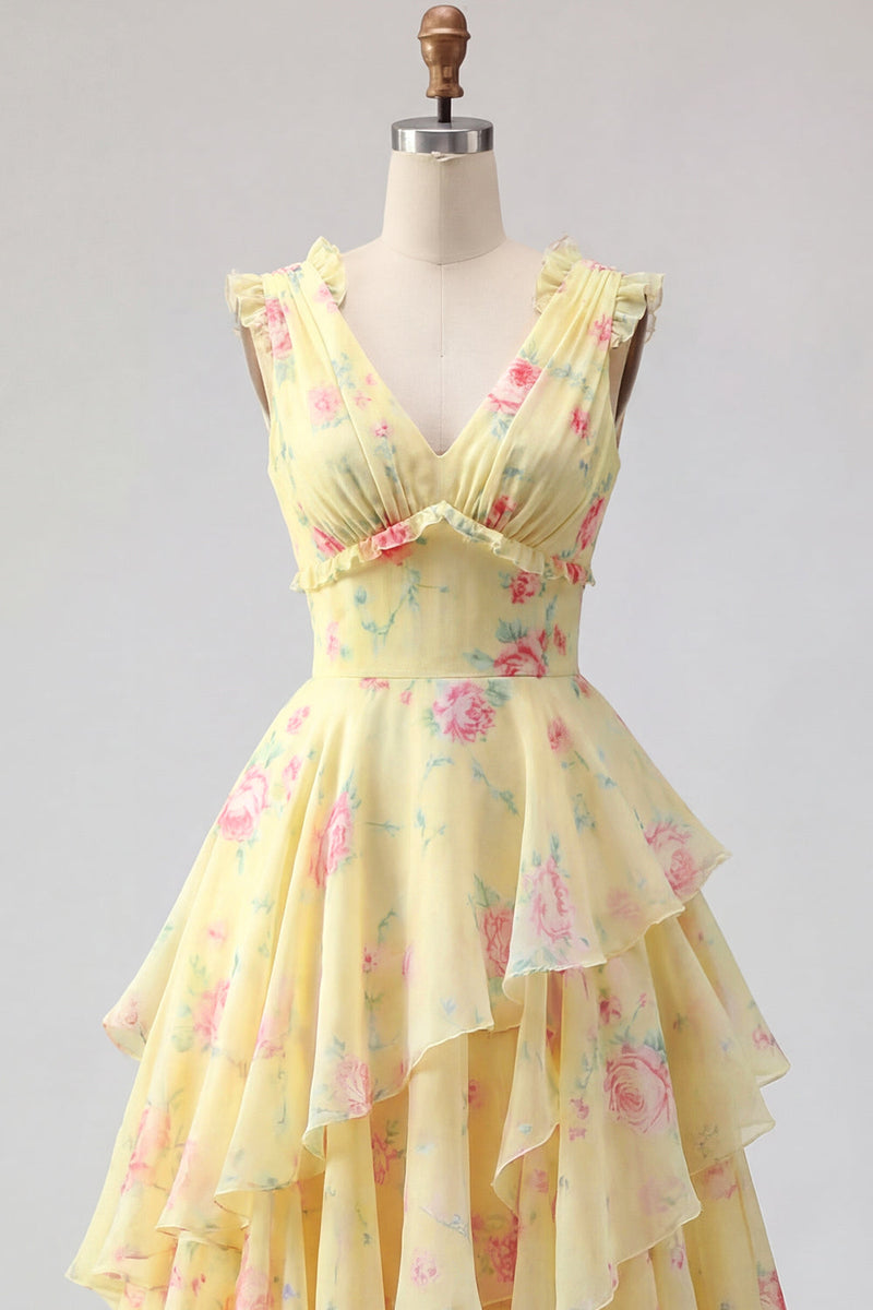 Laden Sie das Bild in den Galerie-Viewer, Gelbes V-Ausschnitt A-Linie, florales Langballkleid mit Rüschen