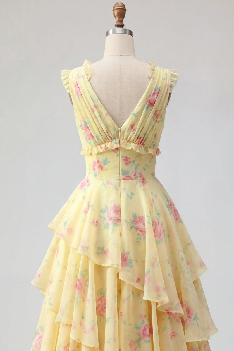 Laden Sie das Bild in den Galerie-Viewer, Gelbes V-Ausschnitt A-Linie, florales Langballkleid mit Rüschen