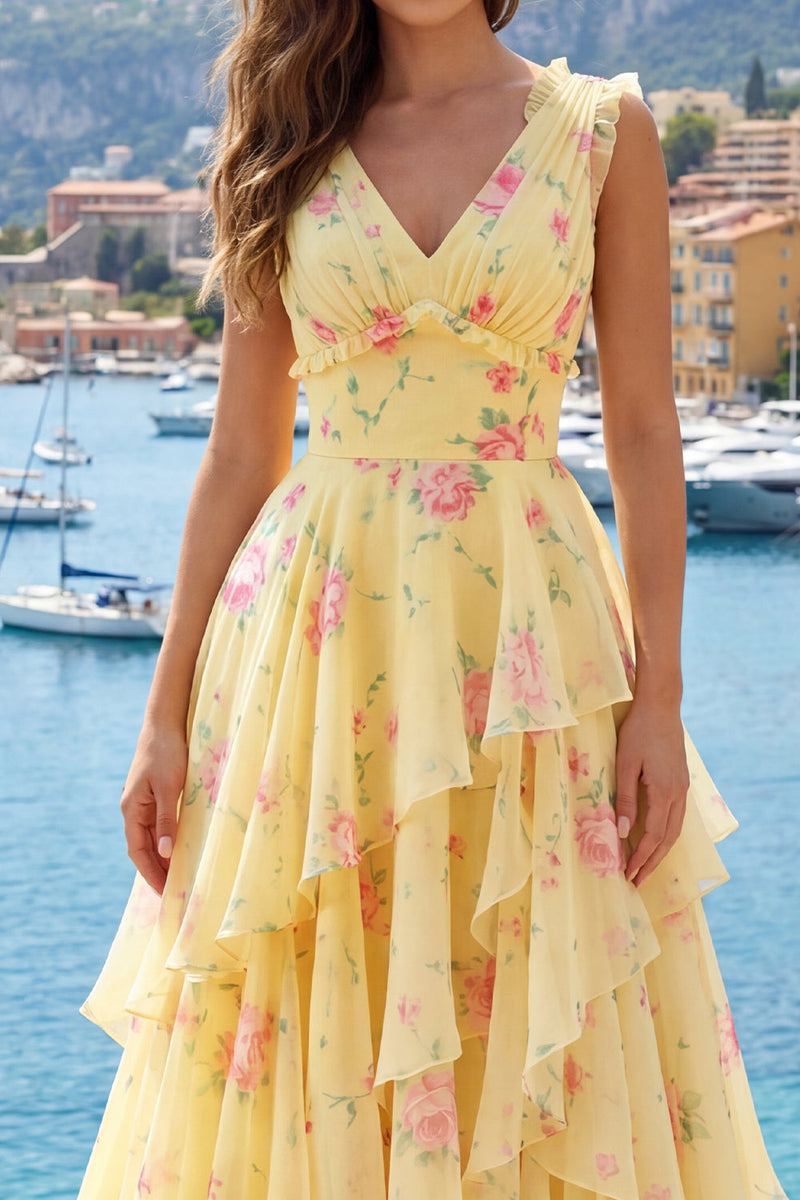 Laden Sie das Bild in den Galerie-Viewer, Gelbes V-Ausschnitt A-Linie, florales Langballkleid mit Rüschen