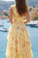 Laden Sie das Bild in den Galerie-Viewer, Gelbes V-Ausschnitt A-Linie, florales Langballkleid mit Rüschen