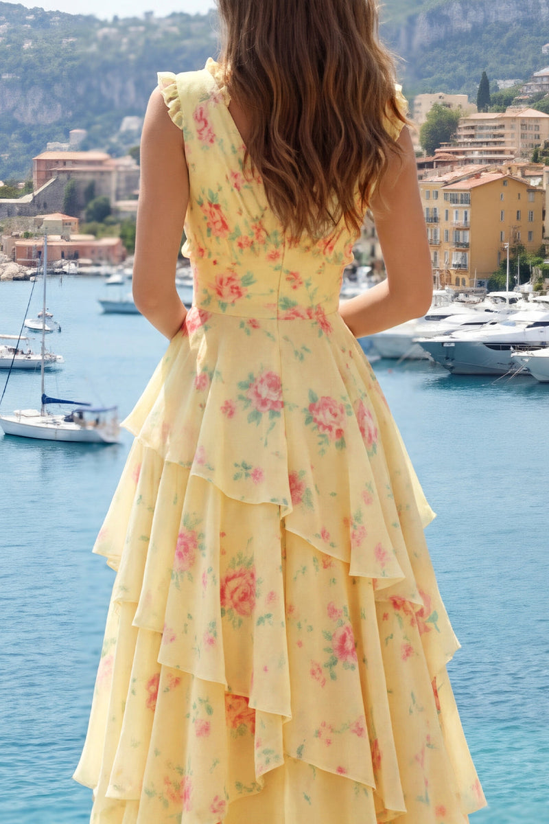 Laden Sie das Bild in den Galerie-Viewer, Gelbes V-Ausschnitt A-Linie, florales Langballkleid mit Rüschen