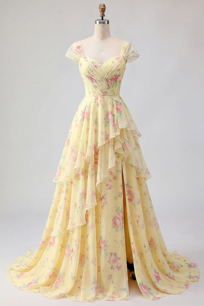 Laden Sie das Bild in den Galerie-Viewer, Gelbe Mützenärmel Ein linienrüschendes florales Abschlussballkleid mit Schlitz