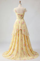 Laden Sie das Bild in den Galerie-Viewer, Gelbe Mützenärmel Ein linienrüschendes florales Abschlussballkleid mit Schlitz