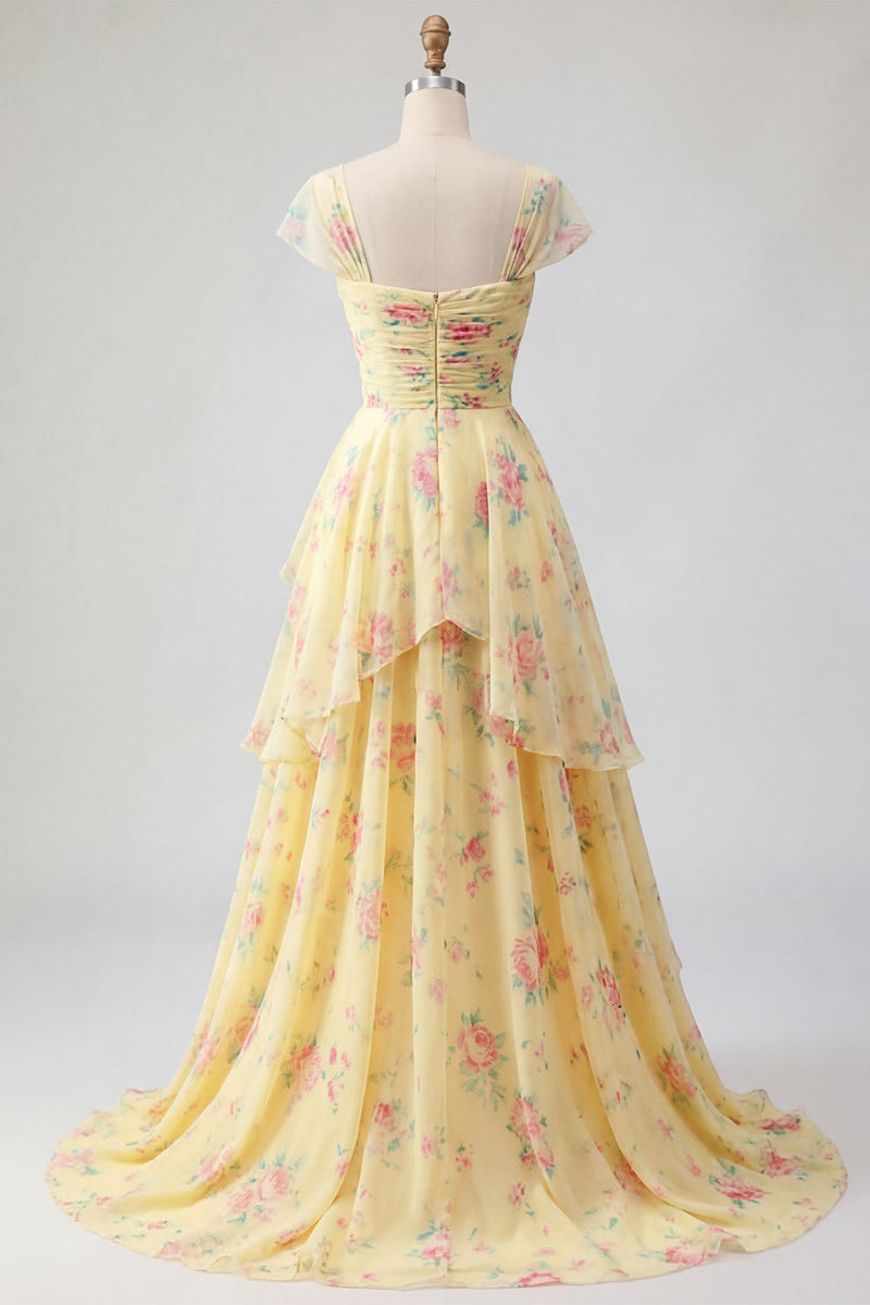 Laden Sie das Bild in den Galerie-Viewer, Gelbe Mützenärmel Ein linienrüschendes florales Abschlussballkleid mit Schlitz
