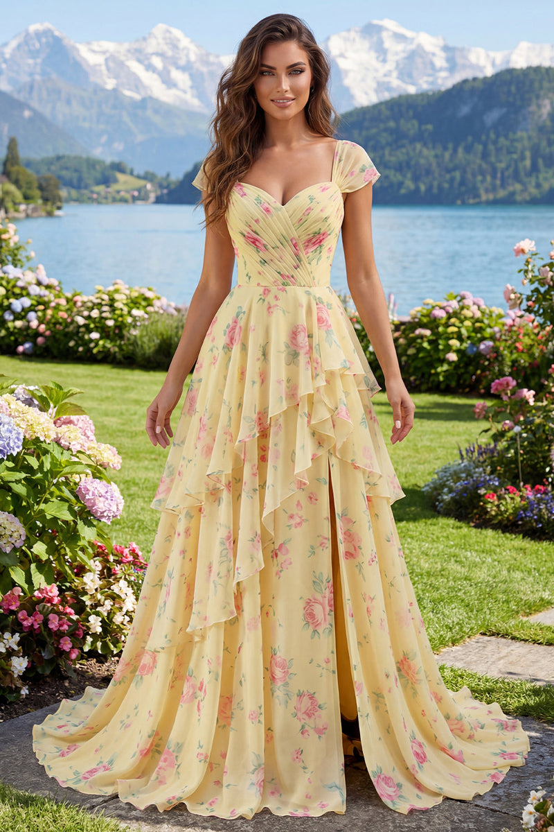 Laden Sie das Bild in den Galerie-Viewer, Gelbe Mützenärmel Ein linienrüschendes florales Abschlussballkleid mit Schlitz