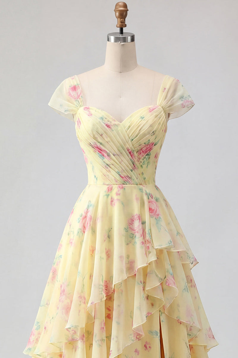 Laden Sie das Bild in den Galerie-Viewer, Gelbe Mützenärmel Ein linienrüschendes florales Abschlussballkleid mit Schlitz