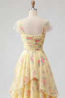 Laden Sie das Bild in den Galerie-Viewer, Gelbe Mützenärmel Ein linienrüschendes florales Abschlussballkleid mit Schlitz