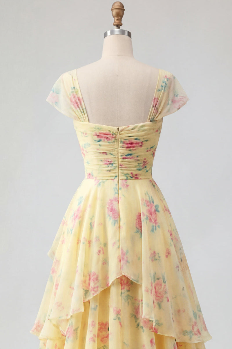 Laden Sie das Bild in den Galerie-Viewer, Gelbe Mützenärmel Ein linienrüschendes florales Abschlussballkleid mit Schlitz
