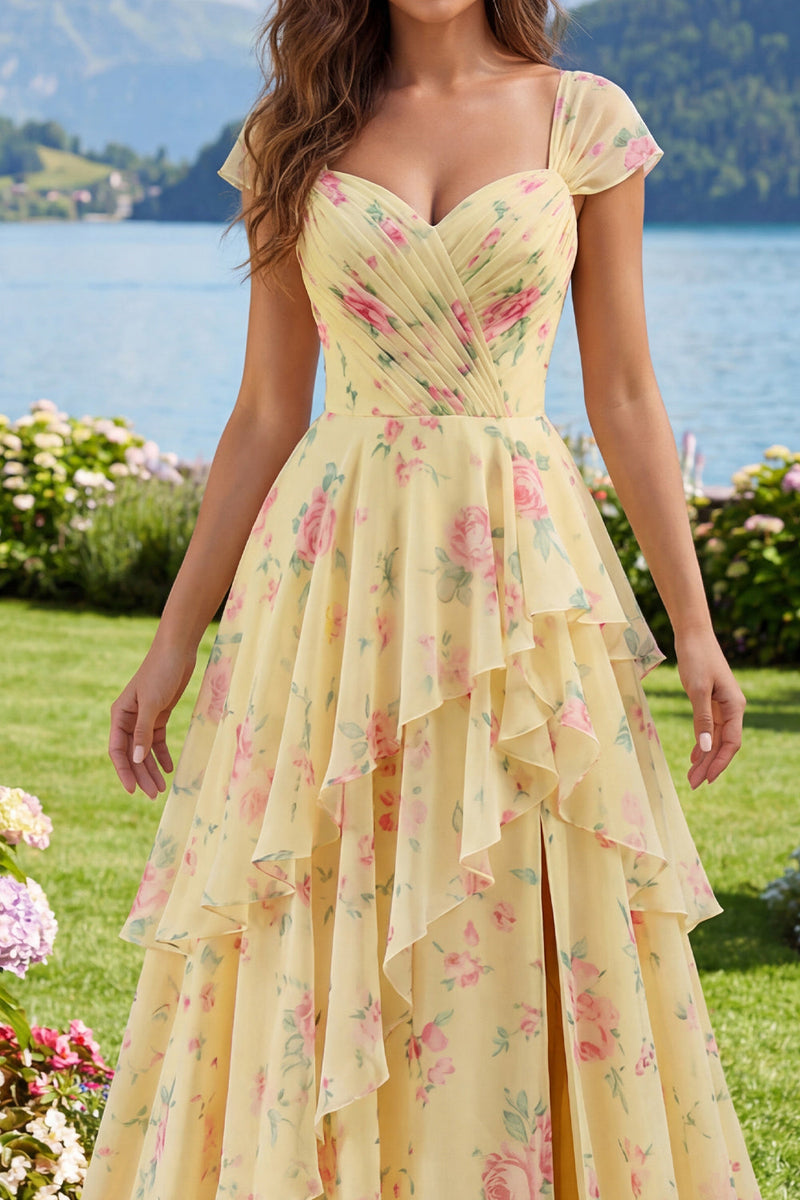 Laden Sie das Bild in den Galerie-Viewer, Gelbe Mützenärmel Ein linienrüschendes florales Abschlussballkleid mit Schlitz