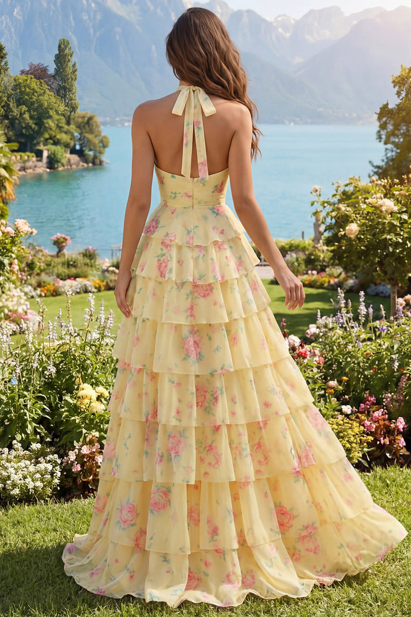 Laden Sie das Bild in den Galerie-Viewer, Gelber Neckholder, ein geblümtes langes Abschlussballkleid mit Rüschen