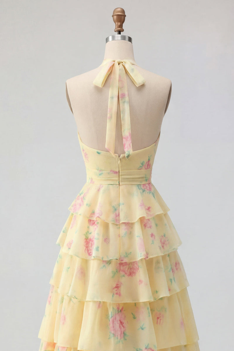 Laden Sie das Bild in den Galerie-Viewer, Gelber Neckholder, ein geblümtes langes Abschlussballkleid mit Rüschen