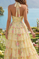 Laden Sie das Bild in den Galerie-Viewer, Gelber Neckholder, ein geblümtes langes Abschlussballkleid mit Rüschen