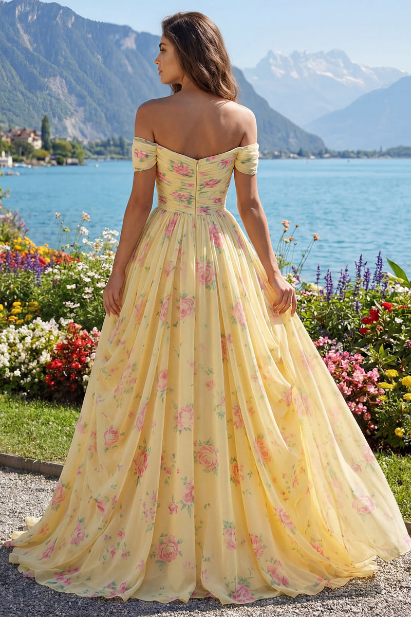 Laden Sie das Bild in den Galerie-Viewer, Gelbes Gerafftes Schulterfreies A-Linie Langes Geblümtes Abschlussballkleid